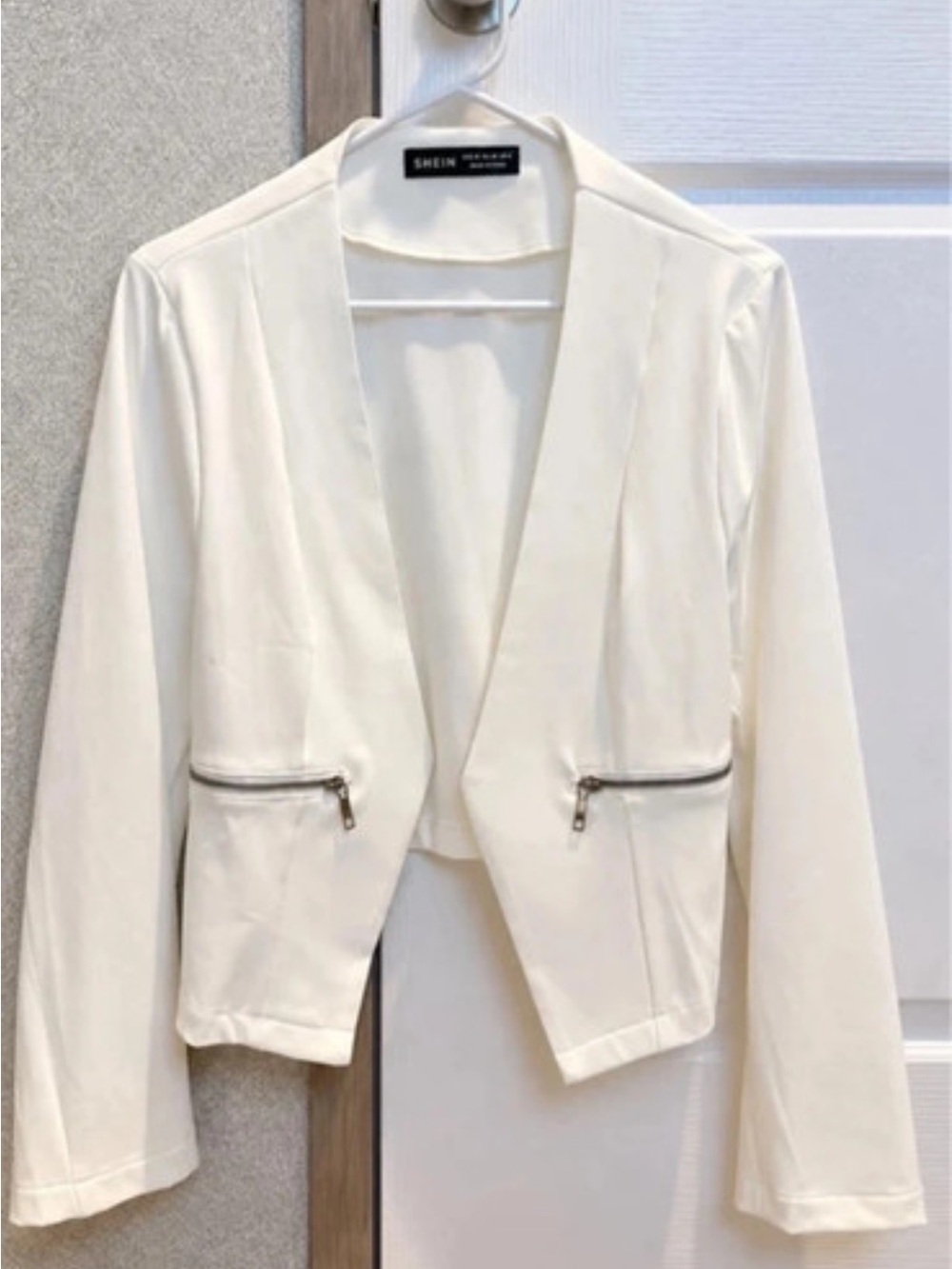 SHEIN Cream Open-Front Cropped Blazer with Zip Pockets